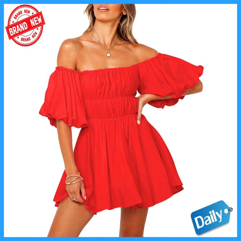 Off Shoulder Mini Dress Lantern Sleeve Ruffle A-Line Casual Summer